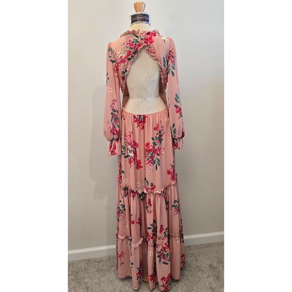 VICI Pink Floral Print Long Sleeve Ruffle & backless Maxi Dress Sz Medium - Picture 5 of 14